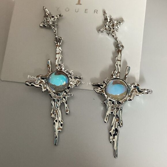 ⭐️SilverTone Cross Melting Moonstone Post back Earrrings. - Picture 1 of 16